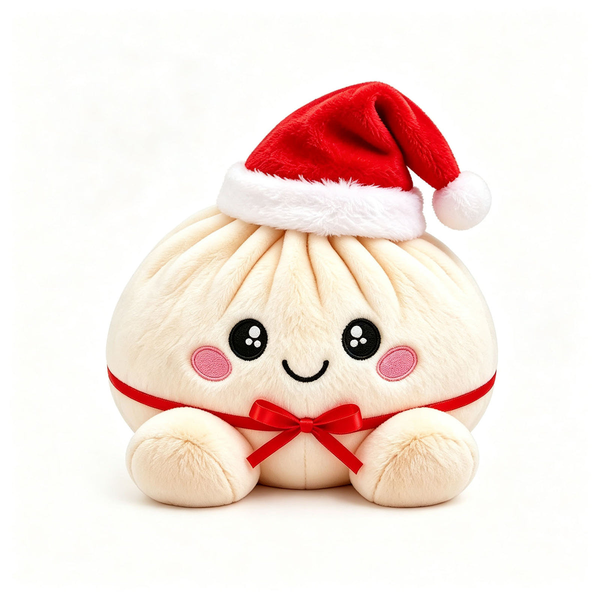 Holly the Santa Bun, a cream plush dumpling in a Santa hat