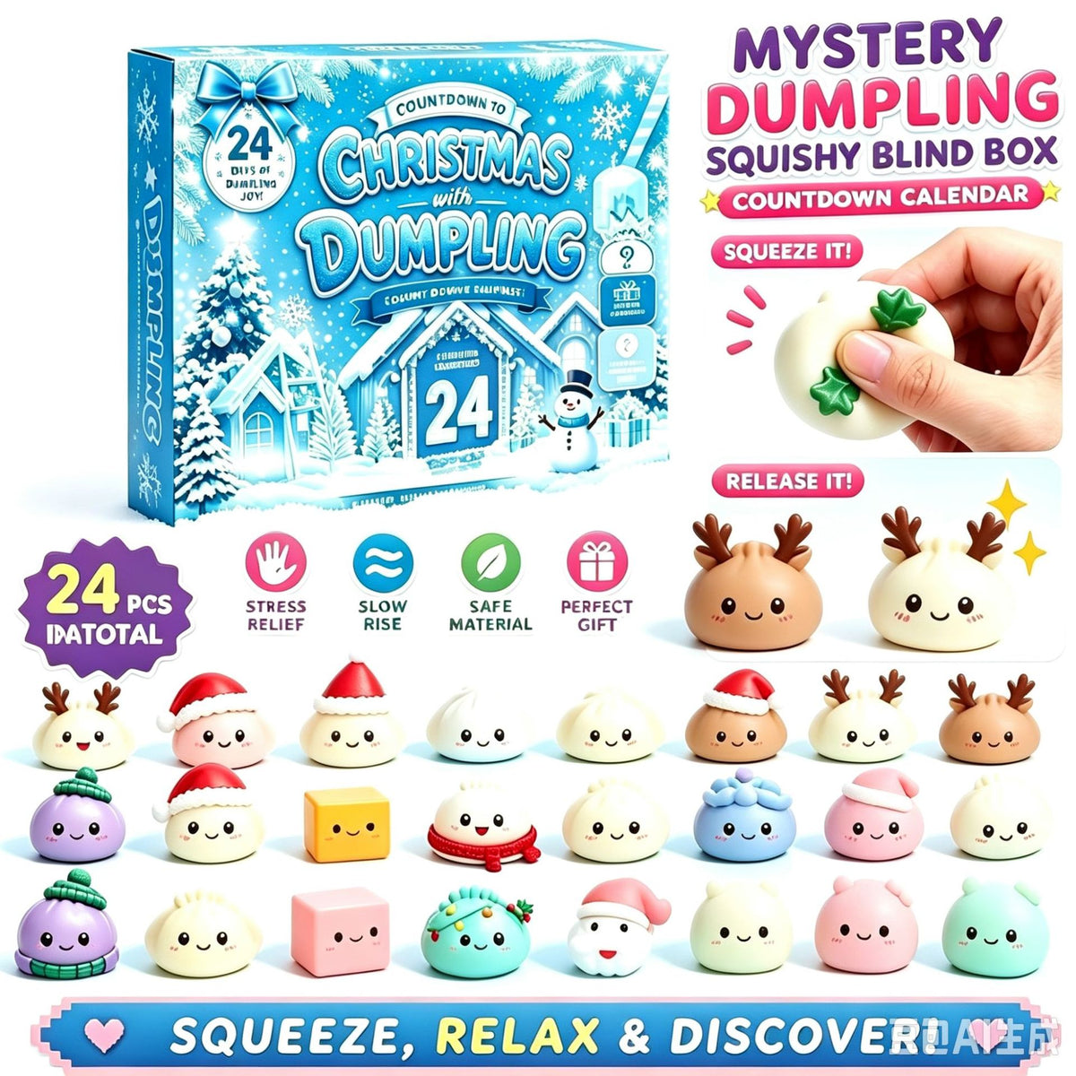 All 24 slow-rise dumpling squishies inside the calendar