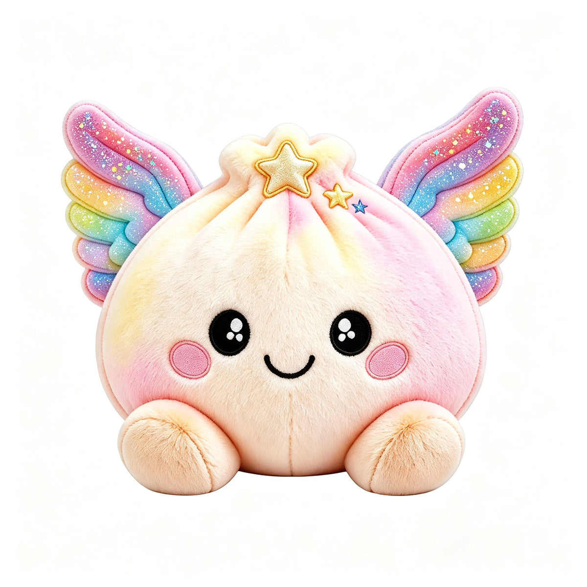 Seraph the Angel, a plush dumpling with pastel rainbow wings