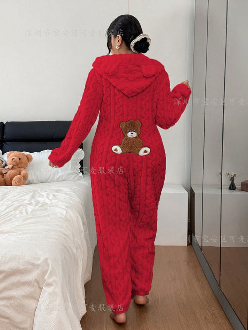 Cranberry Red full-length teddy onesie, back view with embroidered teddy