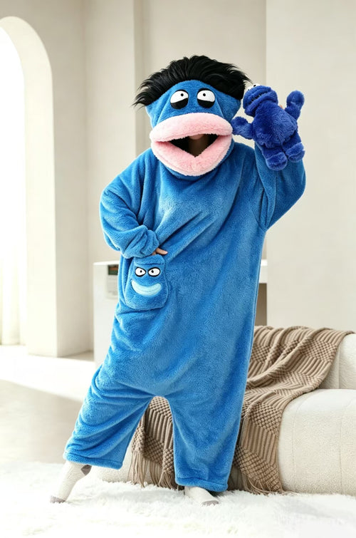Merry Muncher onesie in blue with pink lips