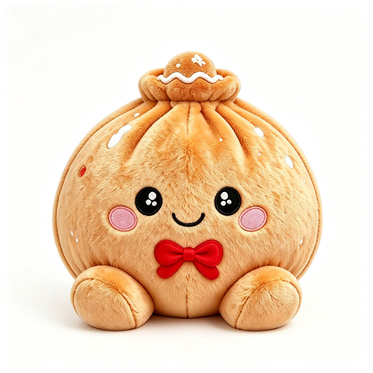 Ginger, a gingerbread plush dumpling wearing a red bow tie
