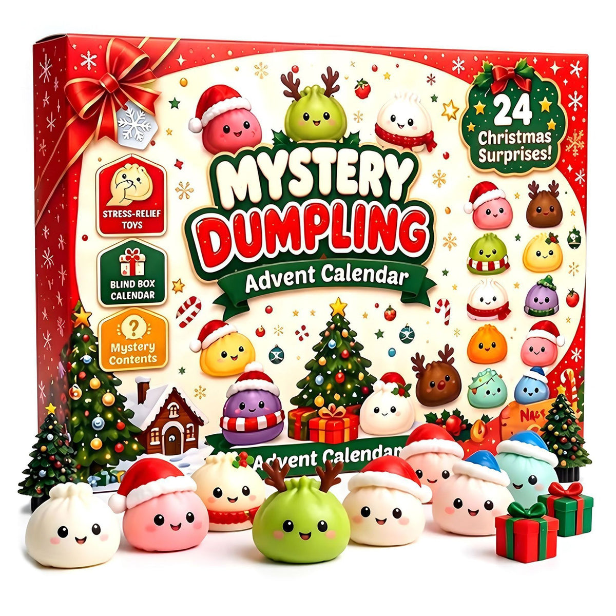 Squish & Countdown advent calendar, Classic Red box, with 24 squishy dumpling characters