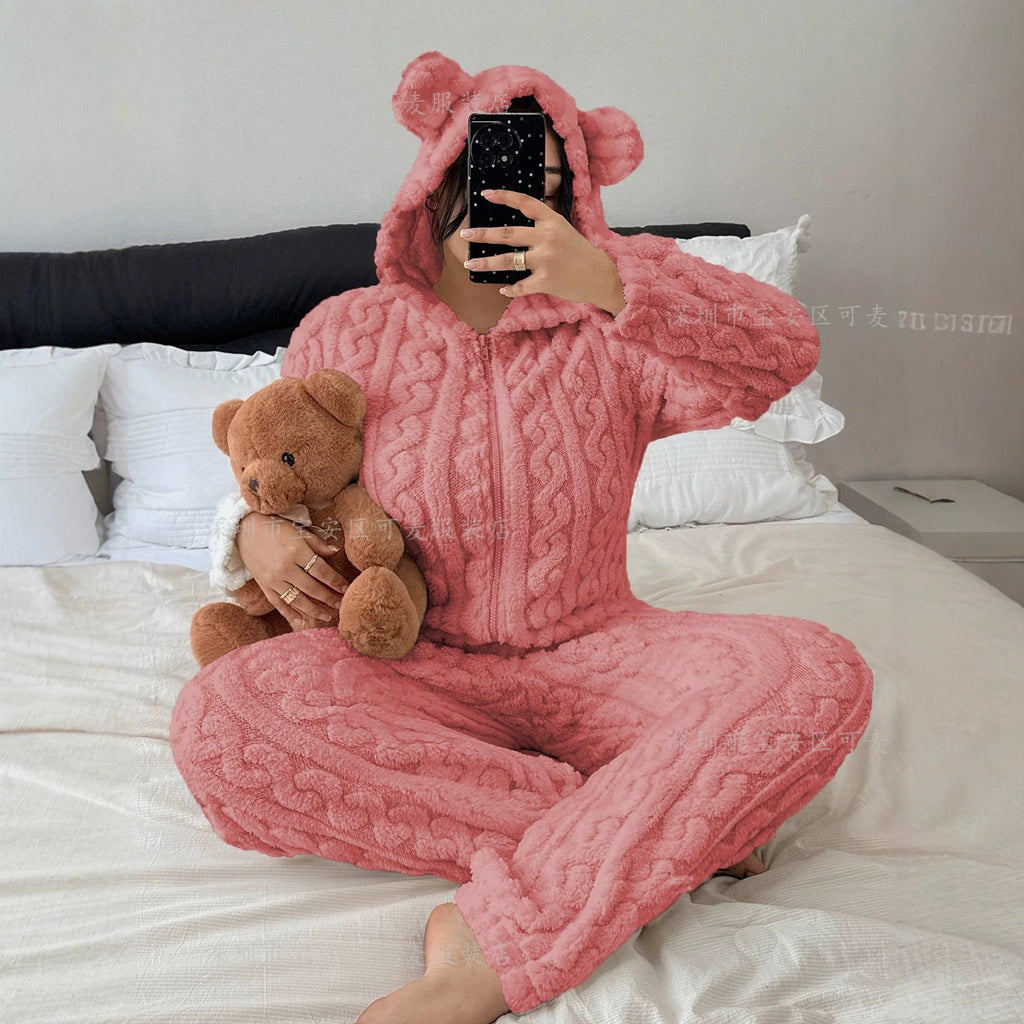 Front view with bear-ear hood up, cuddling a teddy