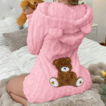 Candy Pink teddy romper with bear-ear hood