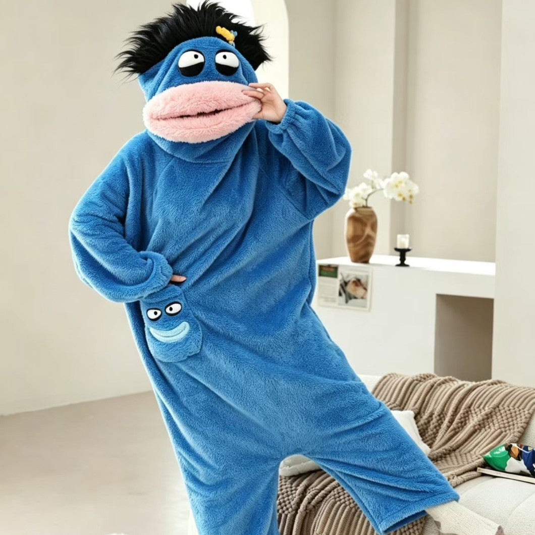 Big-mouth hood with shaggy hair and googly eyes