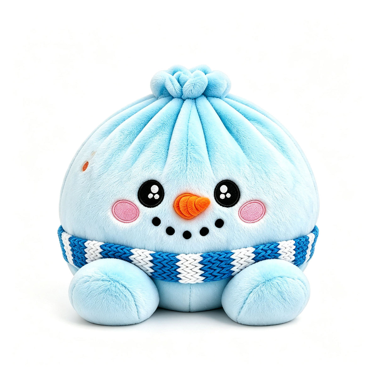 Frost the Snowman, a pale blue plush dumpling with a knitted scarf