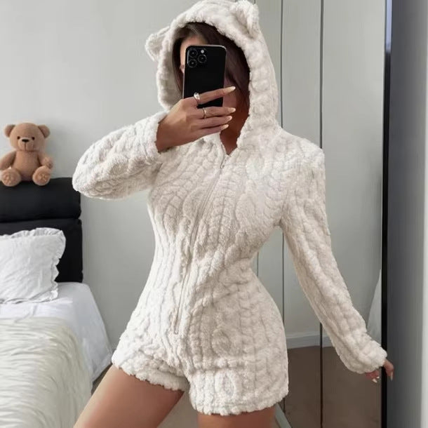 Front view of the teddy romper with bear-ear hood up