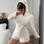 Front view of the teddy romper with bear-ear hood up