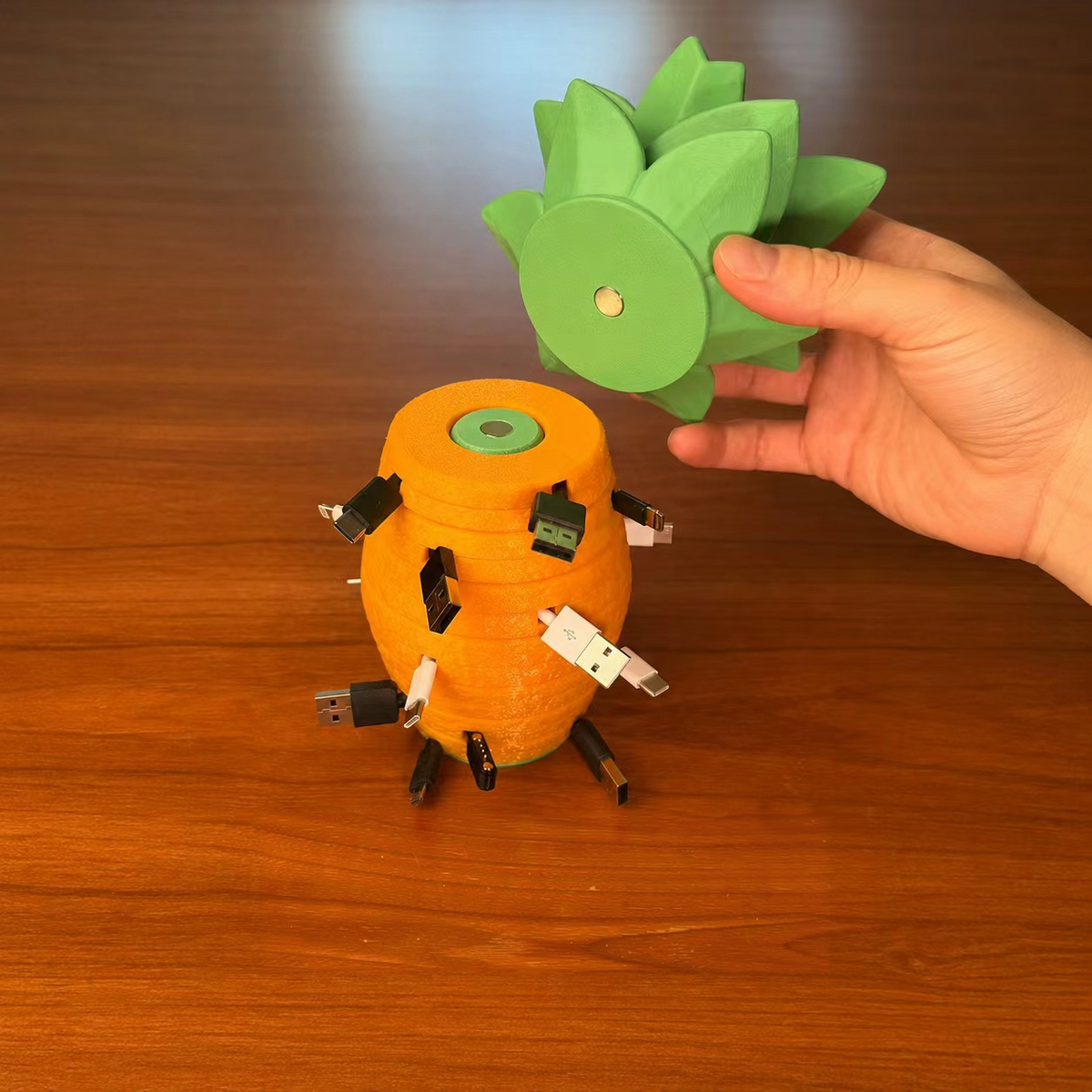 Hand lifting the magnetic green leaf top off the pineapple